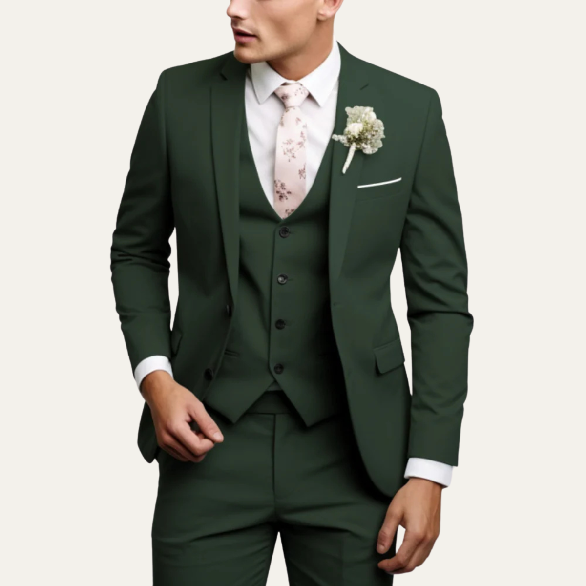 Men's 3-piece slim-fit suit set in green with jacket, vest, and matching trousers.