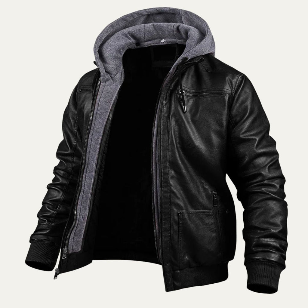 Men's black hooded leather bomber jacket with front zip pockets and ribbed cuffs