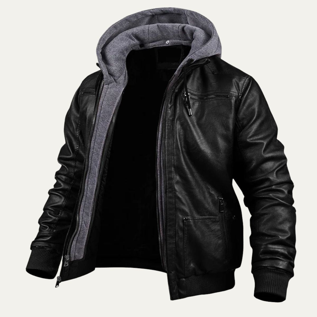 Men's black hooded leather bomber jacket with front zip pockets and ribbed cuffs
