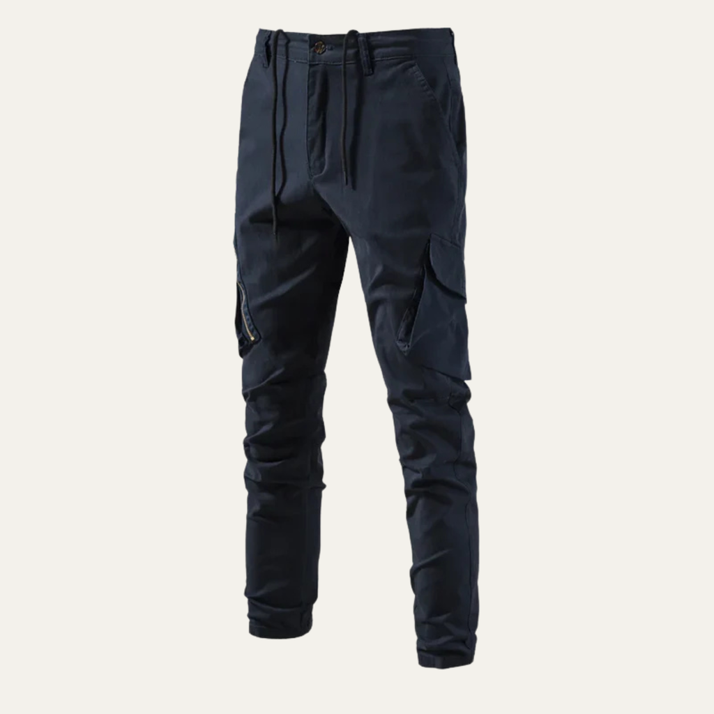 Navy blue cargo jogger pants with side cargo pockets and drawstring