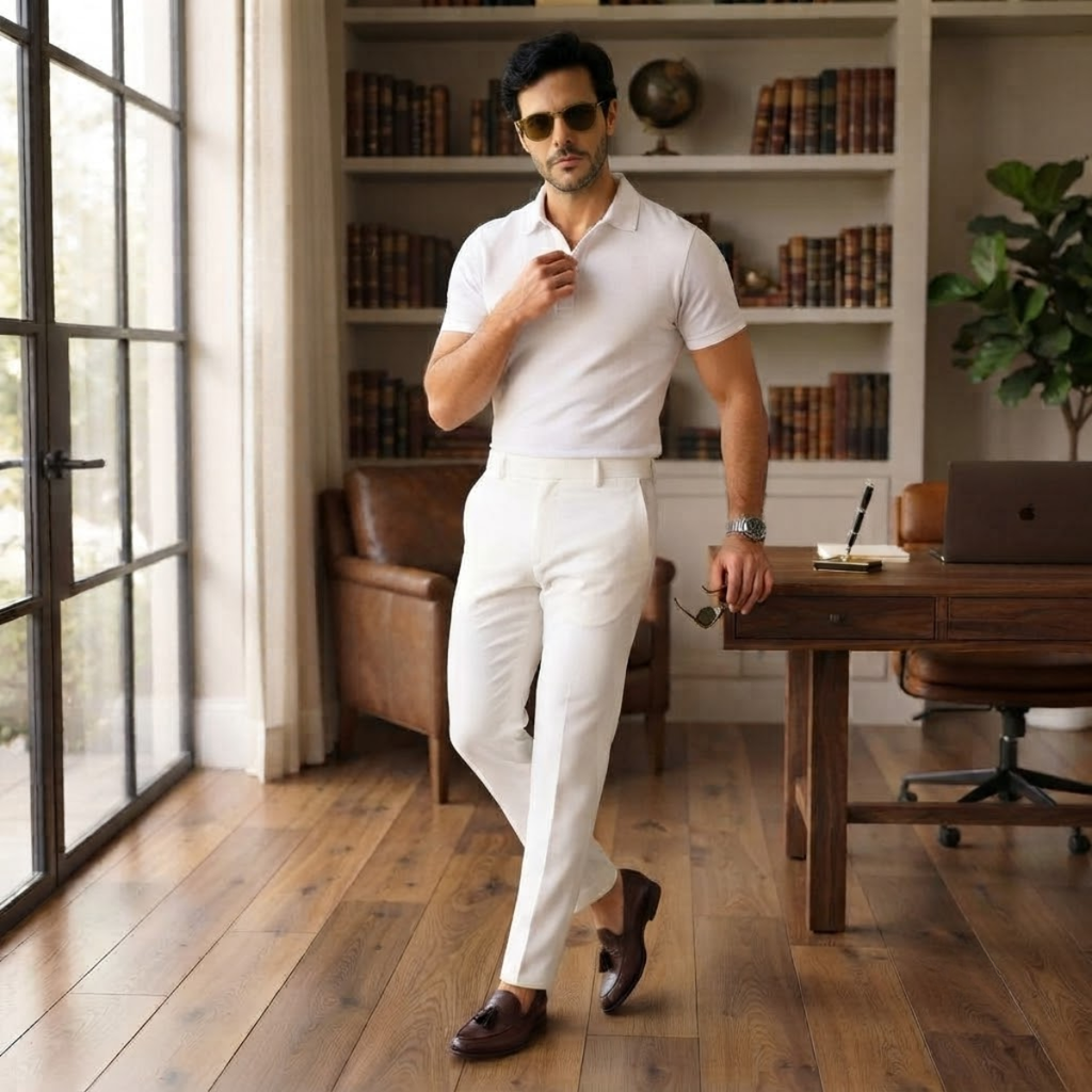 Men's slim-fit casual business dress pants, white with button waist and belt loops