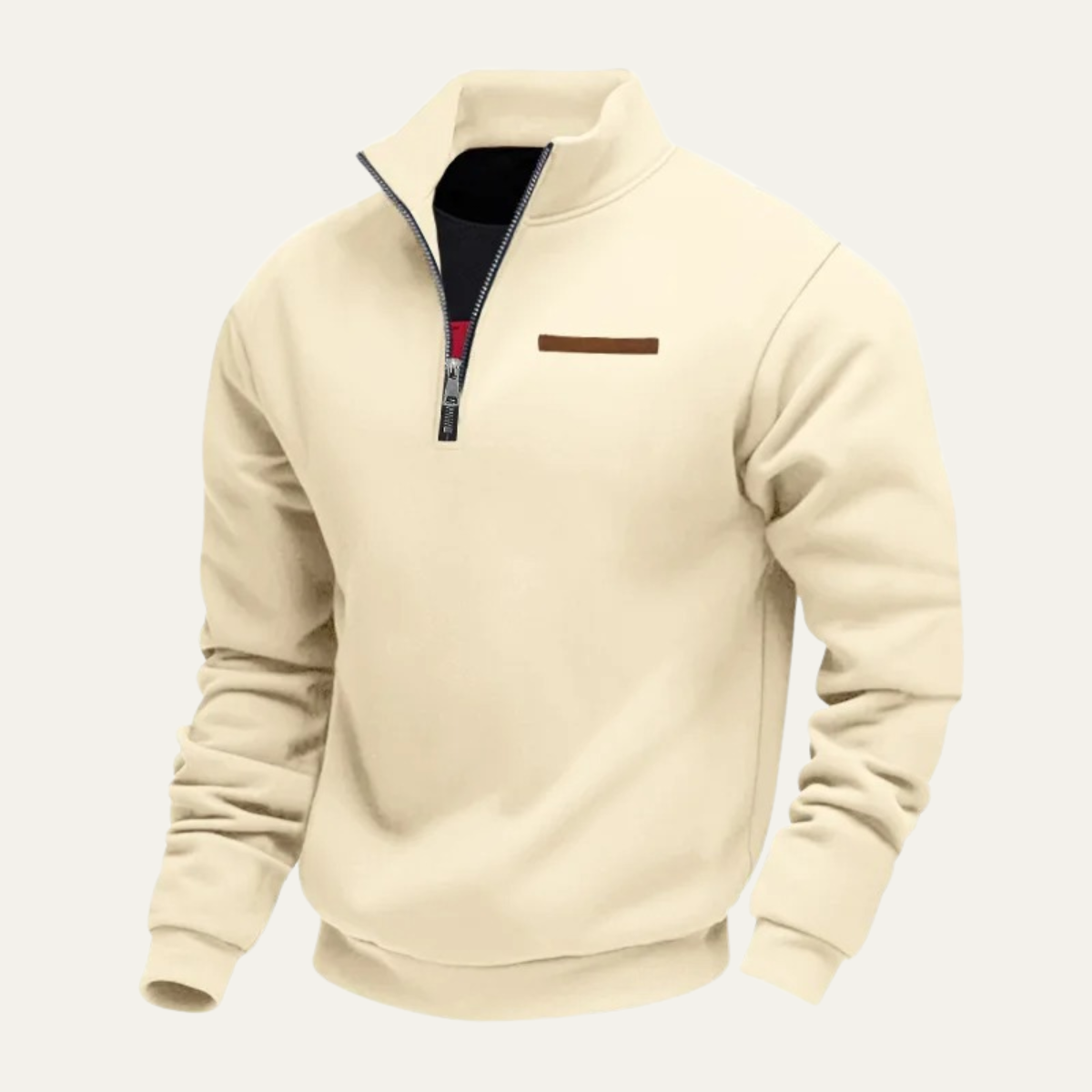 Ivory men’s half-zip stand-collar sweater with chest trim patch