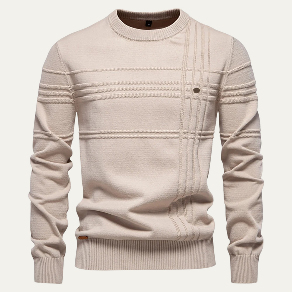 Men's beige crew-neck knit sweater with ribbed cuffs and striped panel detailing