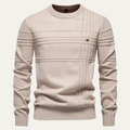 Men's beige crew-neck knit sweater with ribbed cuffs and striped panel detailing