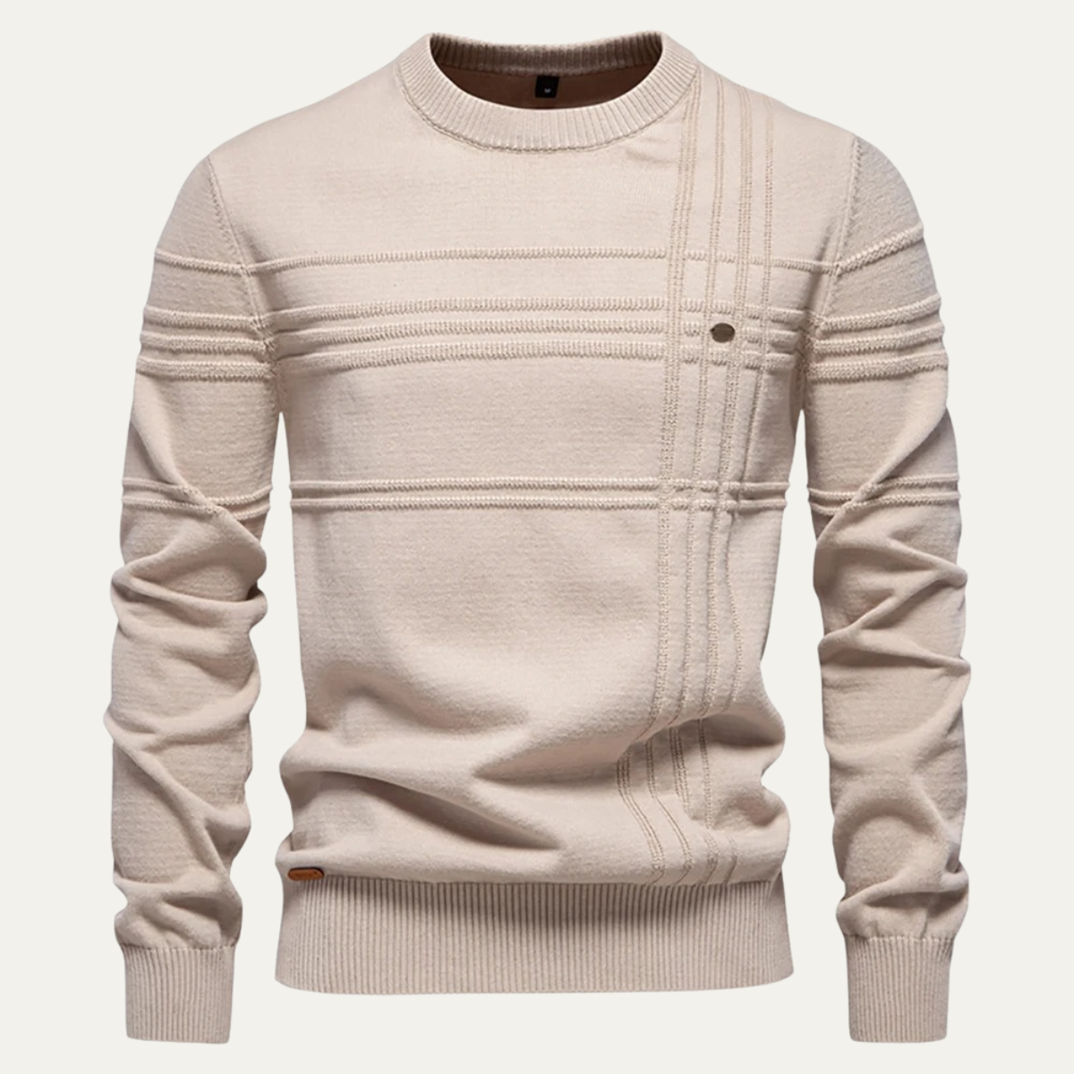 Men's beige crew-neck knit sweater with ribbed cuffs and striped panel detailing
