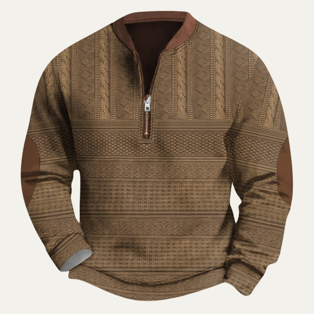 Men's light brown patterned half-zip sweater with elbow patches and textured horizontal bands