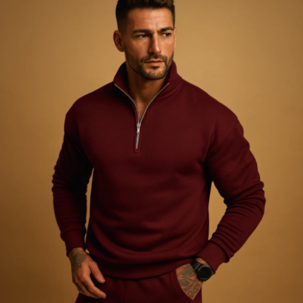 Maroon men's half-zip knitted sweater, ribbed collar and cuffs