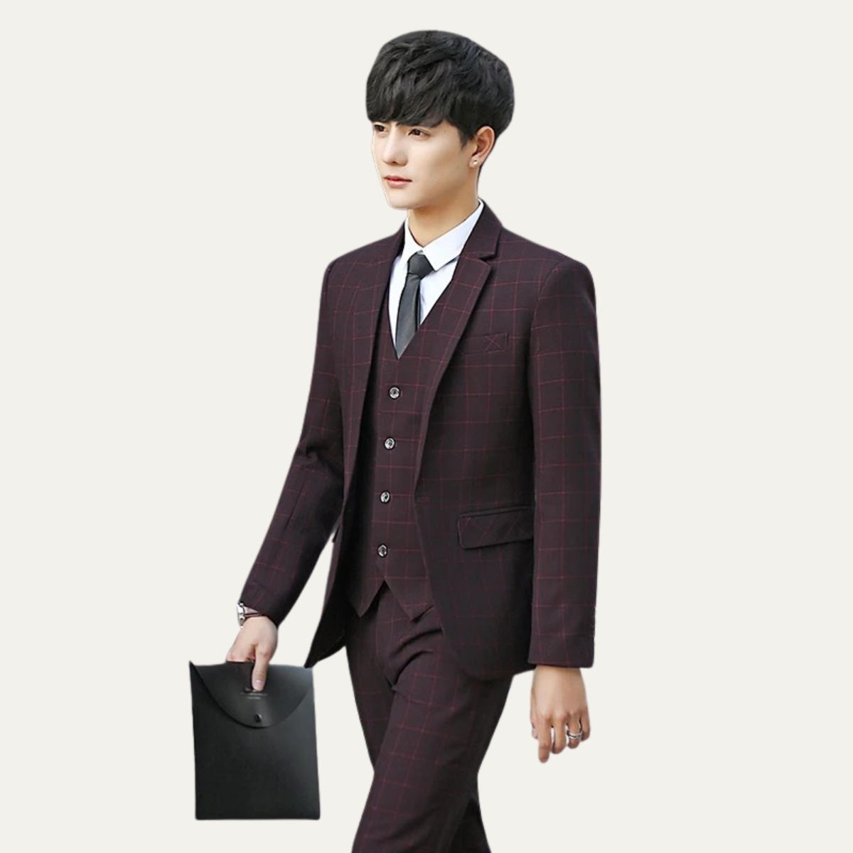 Men’s plaid slim-fit 3-piece suit in burgundy tones with blazer, vest, and trousers