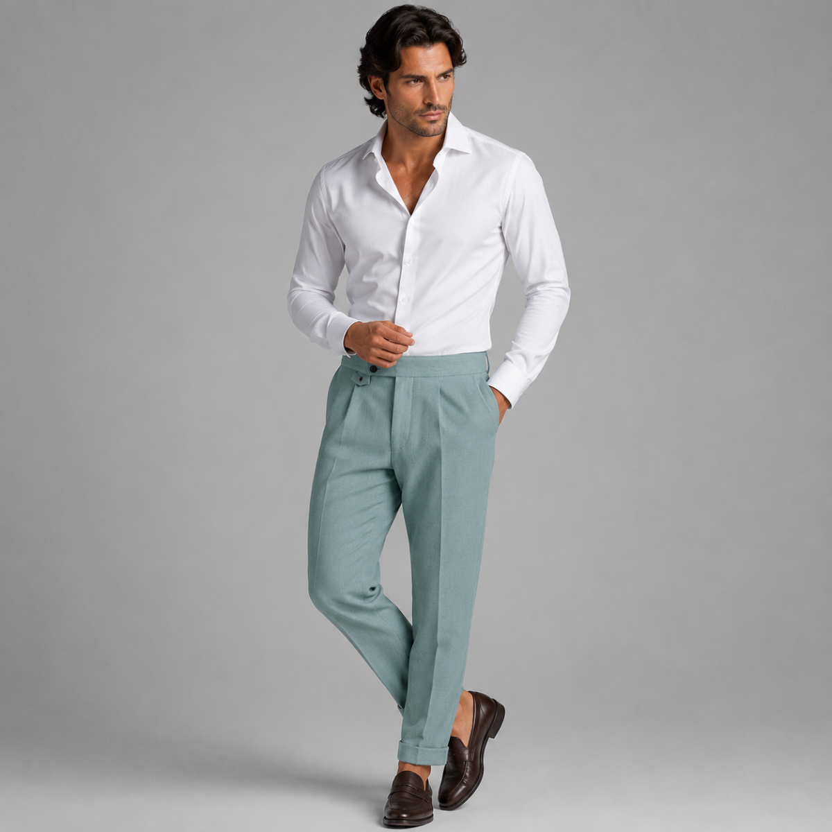 Men's tailored high-waisted pleated dress pants in light blue