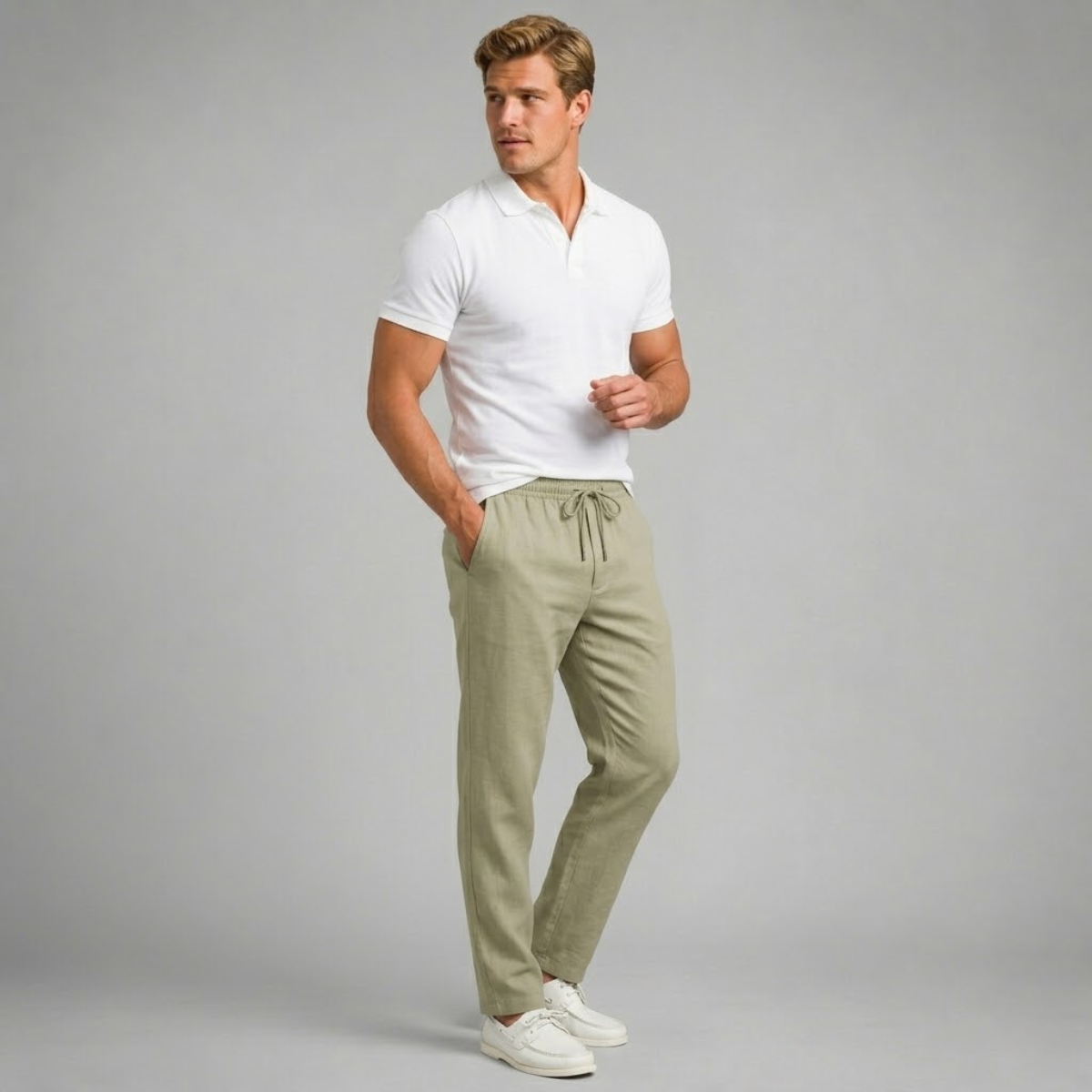 Men's hemp straight-leg pants in olive green, elastic waist with drawstring