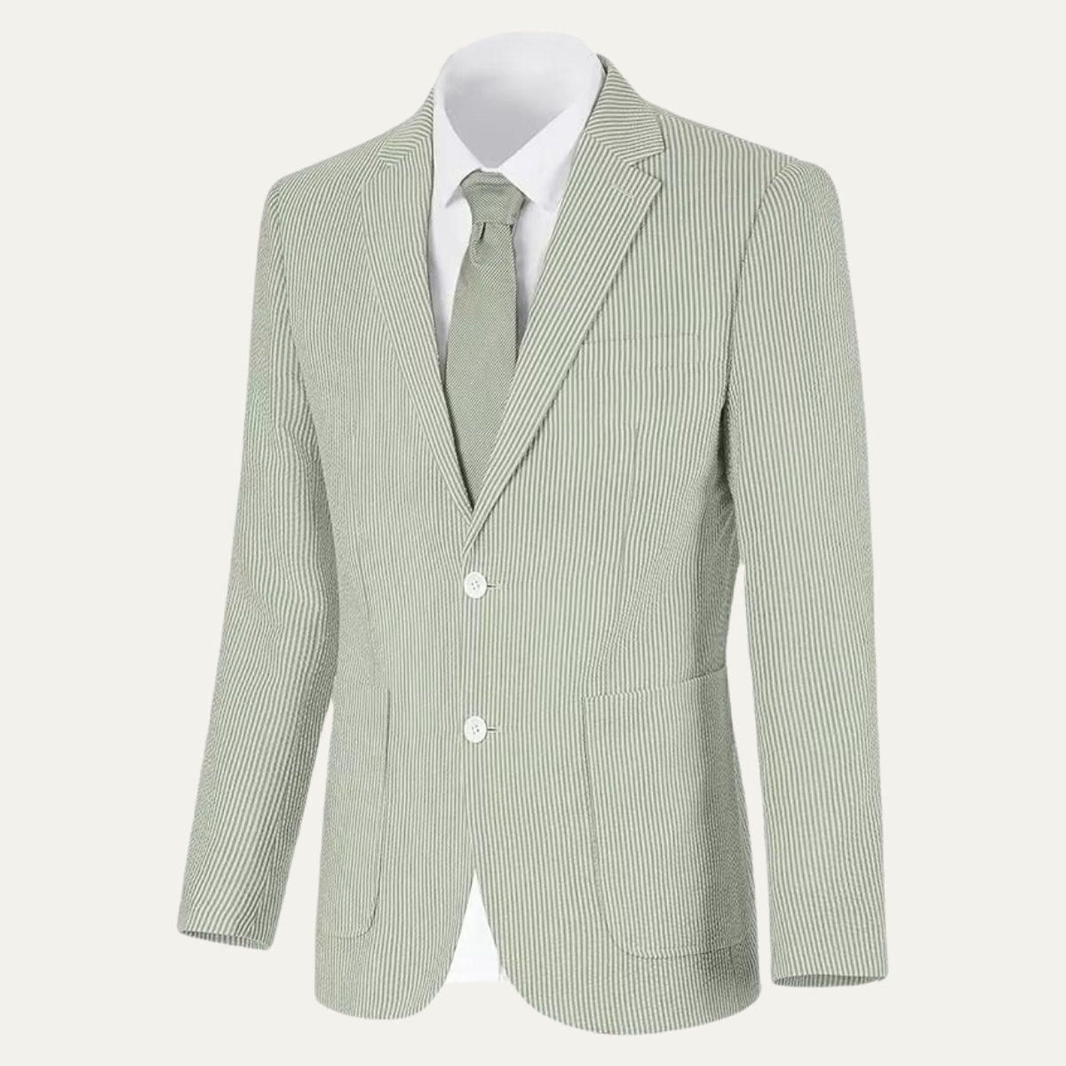 Light green pinstripe smart blazer with notch lapels, two-button front and welt pockets.