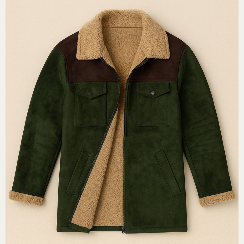 Olive green suede sherpa-lined jacket with zip front, sherpa collar, and chest pockets