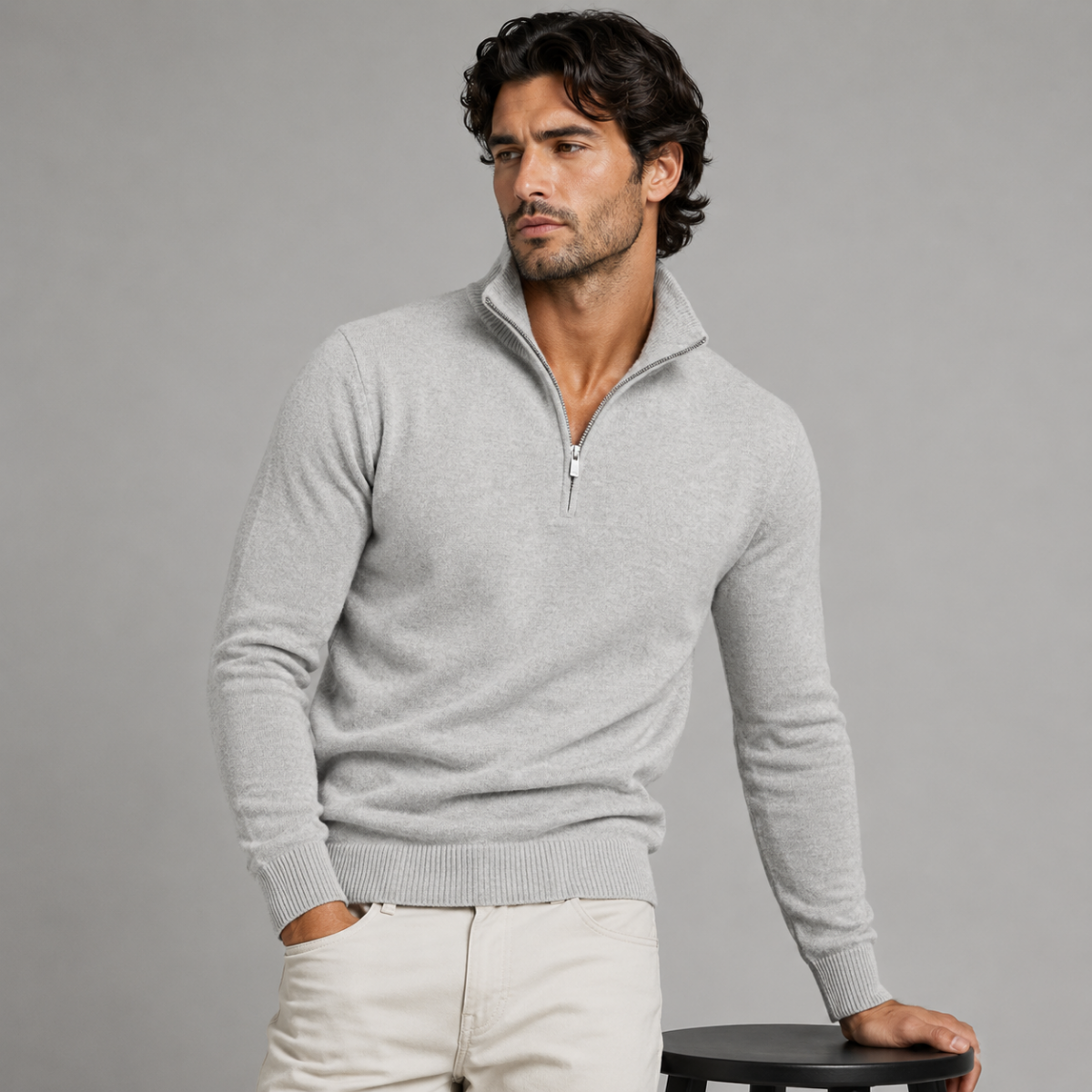 Men's light gray quarter-zip knit sweater with stand collar