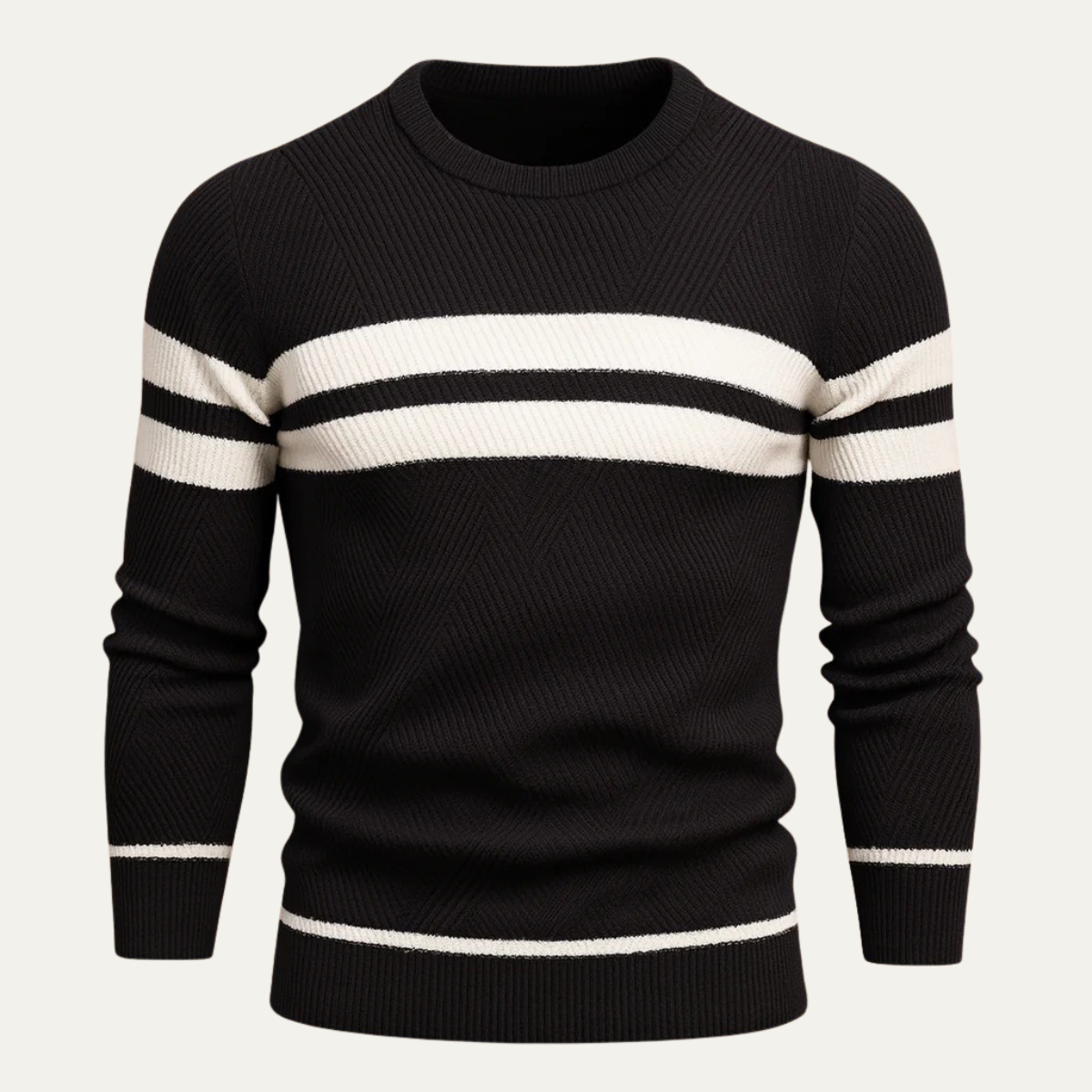 Men's black knit sweater with wide white stripe bands across chest and cuffs