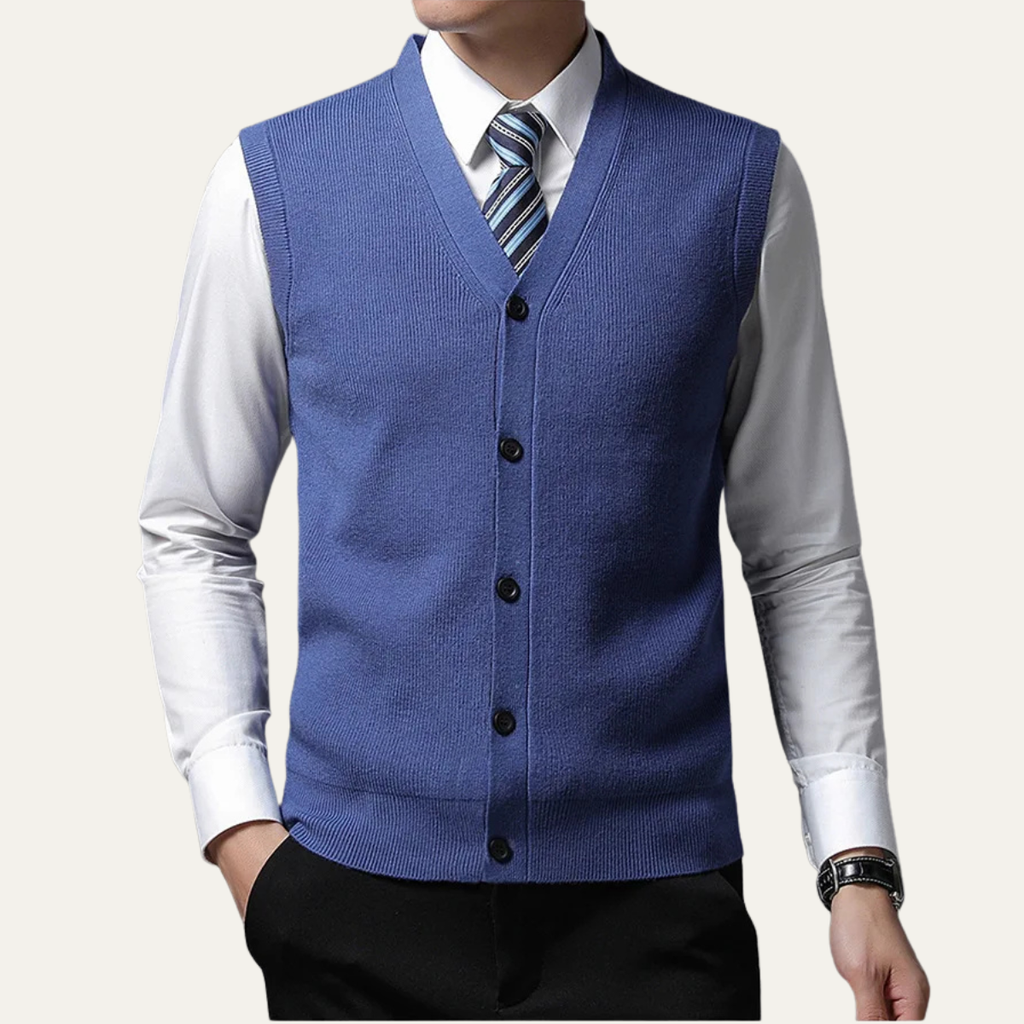 Men's blue V-neck sweater vest with button front and ribbed knit hem