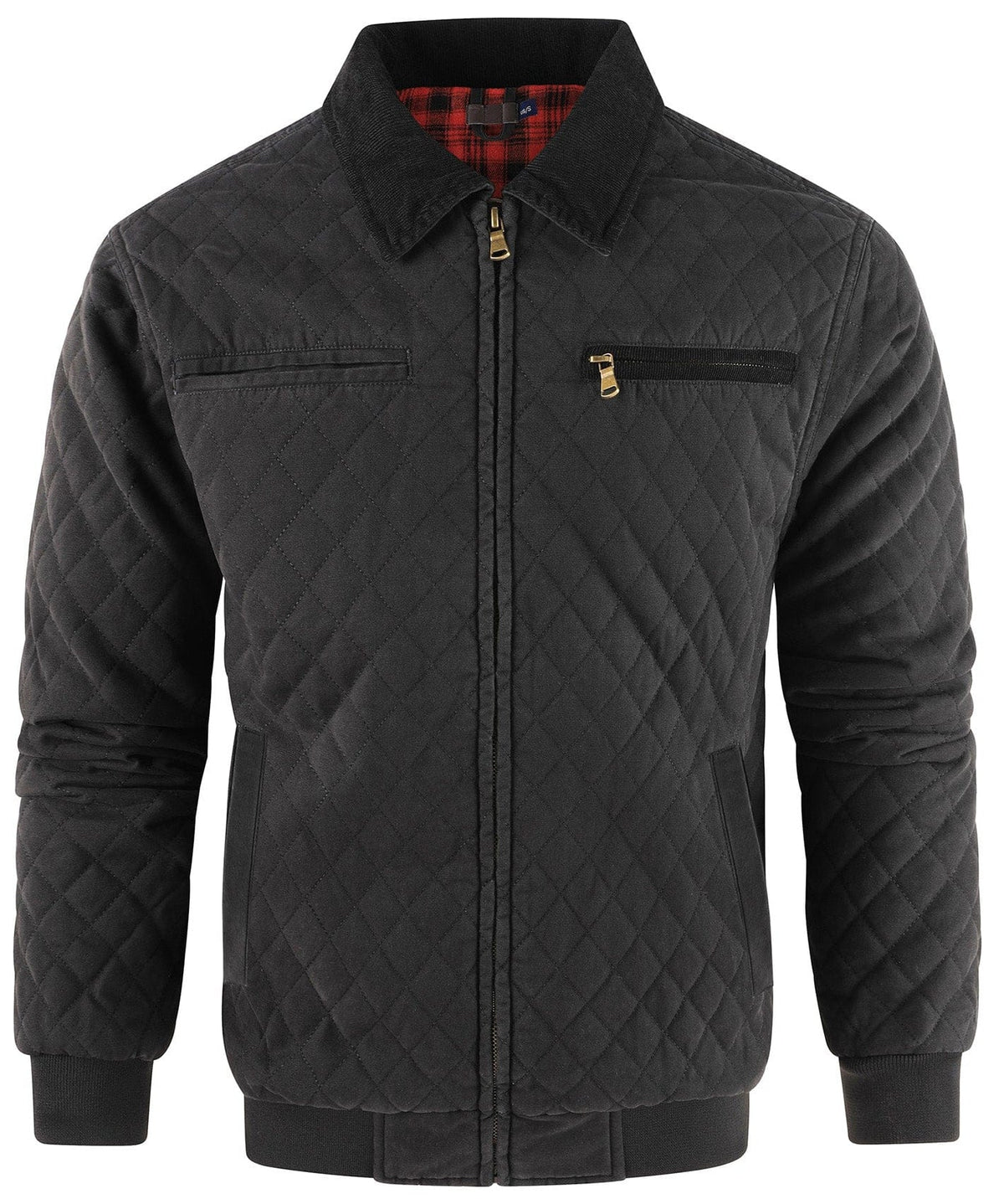 Diamond Quilted Corduroy Collar Zip Bomber Jacket for Men | Layering