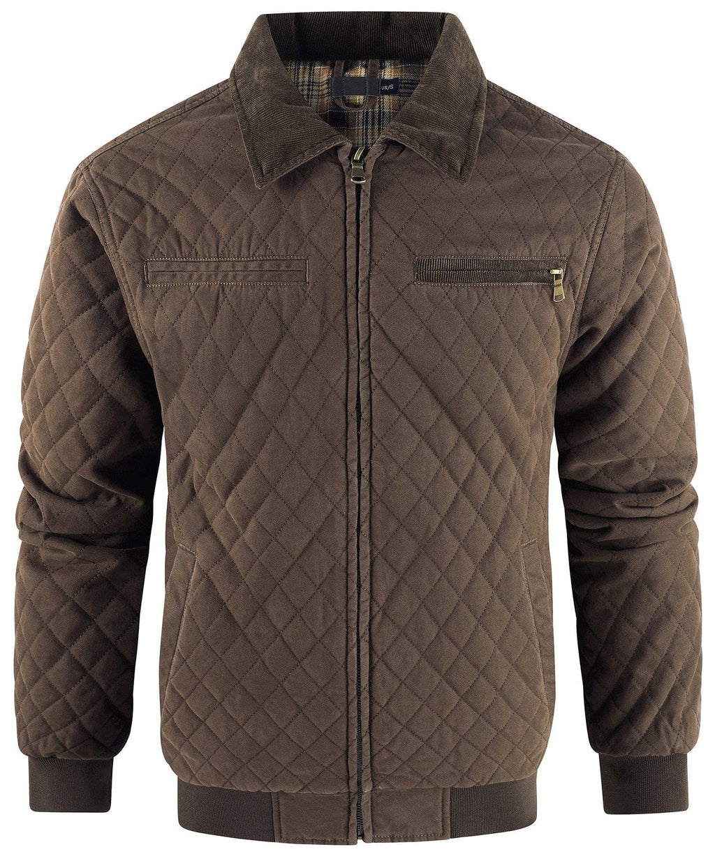 Diamond Quilted Corduroy Collar Zip Bomber Jacket for Men | Layering