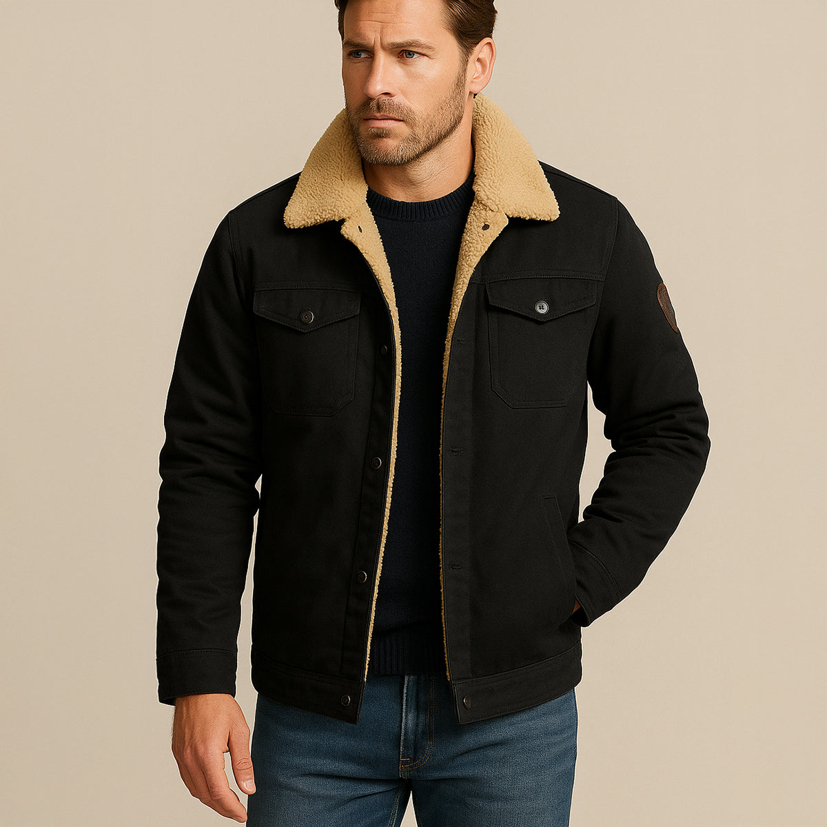 Men's fleece-lined winter coat in black with sherpa collar and chest pockets