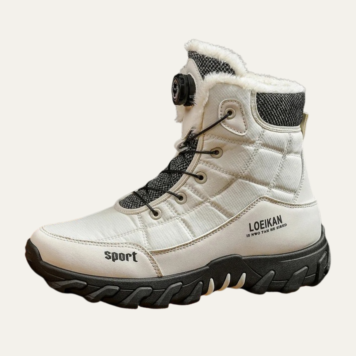 Men's white fur-lined waterproof lace-up snow boot with grippy tread sole