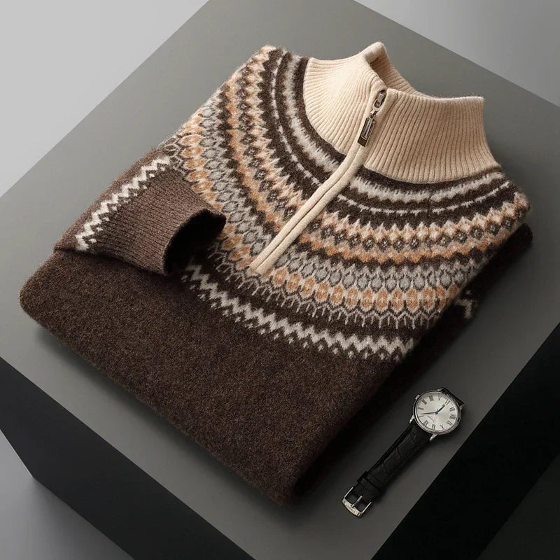 Fair Isle Yoke Quarter Zip Cashmere Blend Sweater for Men | Winter Layering