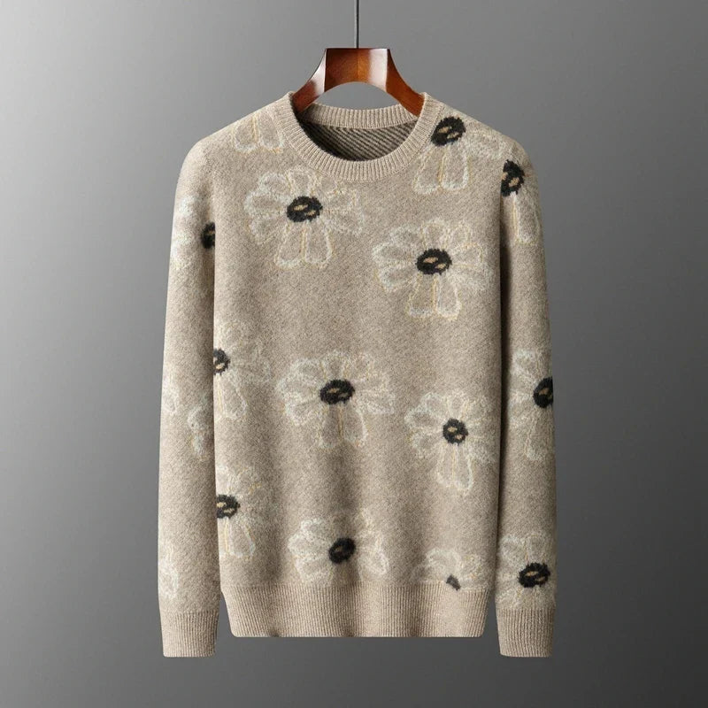 Floral Pattern Cashmere Blend Knit Sweater for Men | Casual Wear