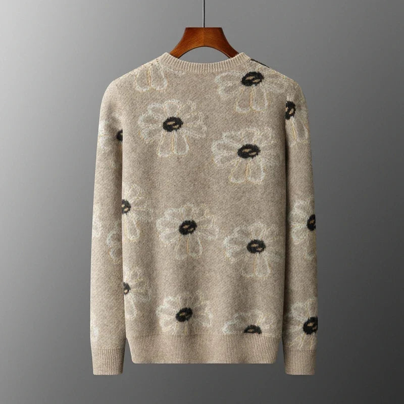 Floral Pattern Cashmere Blend Knit Sweater for Men | Casual Wear