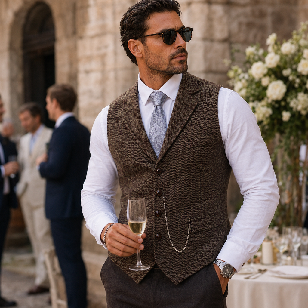 Men's dark brown tweed waistcoat gilet with four-button front and welt pockets