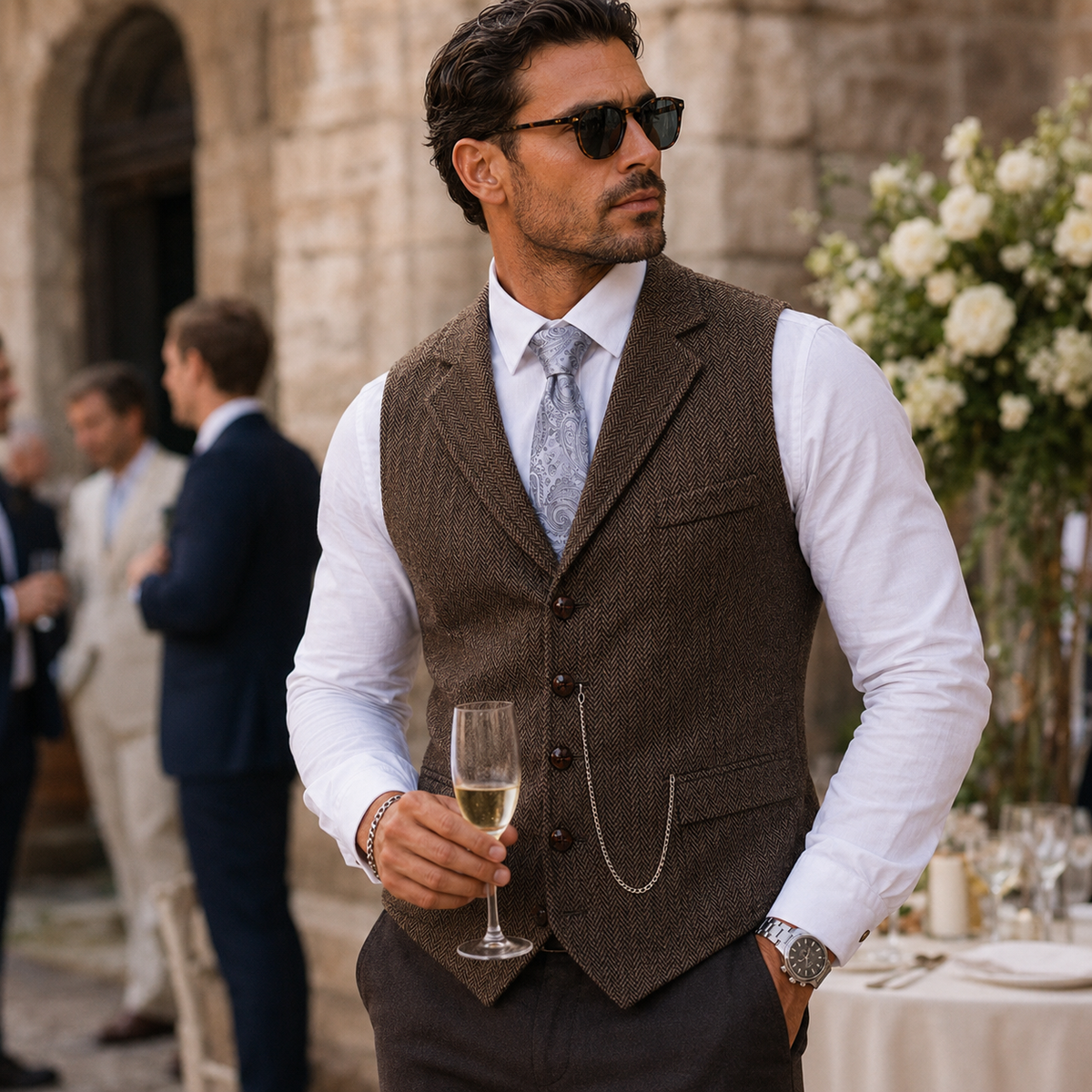 Men's dark brown tweed waistcoat gilet with four-button front and welt pockets