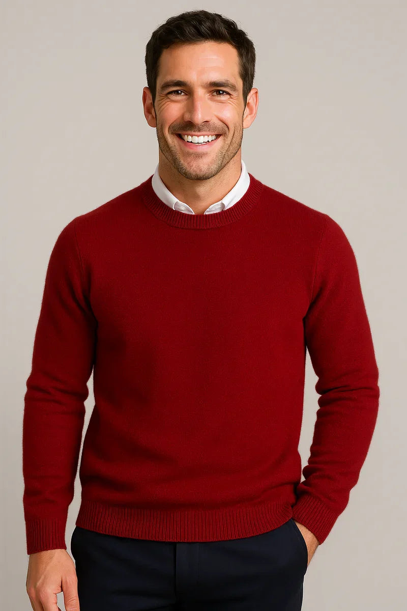 Men's red crew neck knit sweater with ribbed neckline and cuffs