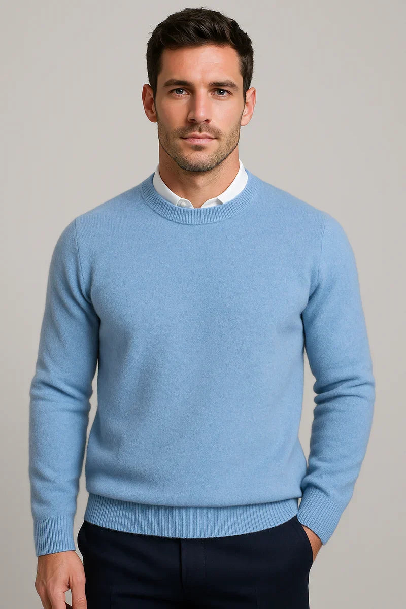 Men's navy blue crew neck knit sweater with ribbed hem and cuffs