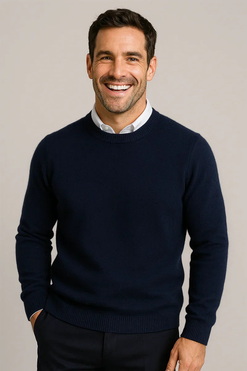 Men's red crew neck knit sweater with ribbed hem and sleeve cuffs
