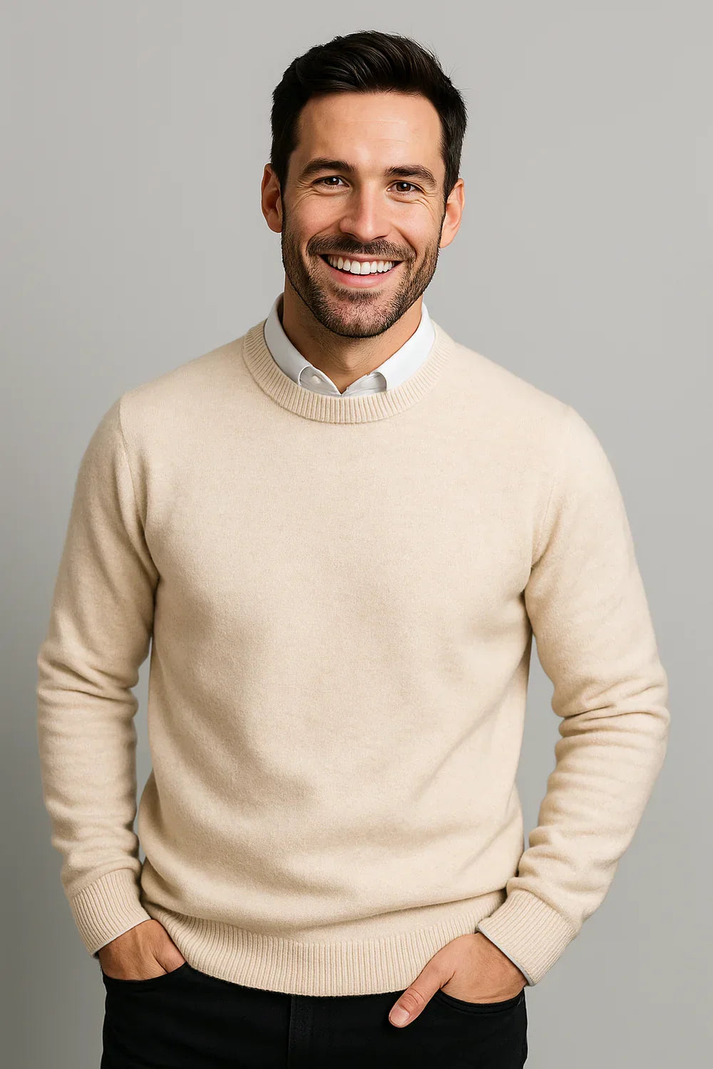Men's light blue crew neck knit sweater with ribbed collar and cuffs