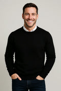 Men's beige crew neck knit sweater with ribbed neckline and cuffs