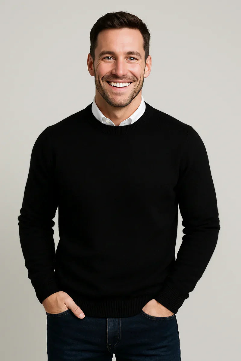 Men's beige crew neck knit sweater with ribbed neckline and cuffs