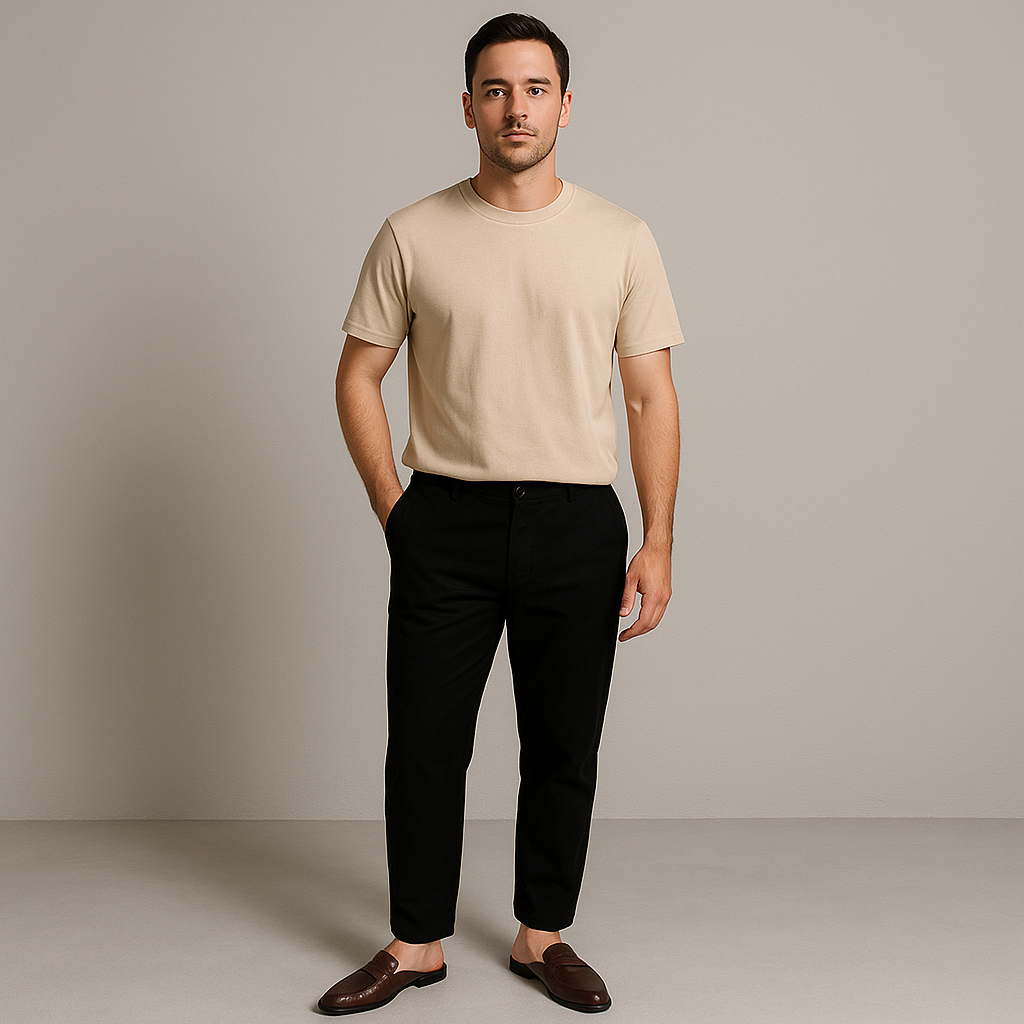 Men's brown leather loafers on a model, slip-on mule with strap and rubber sole.