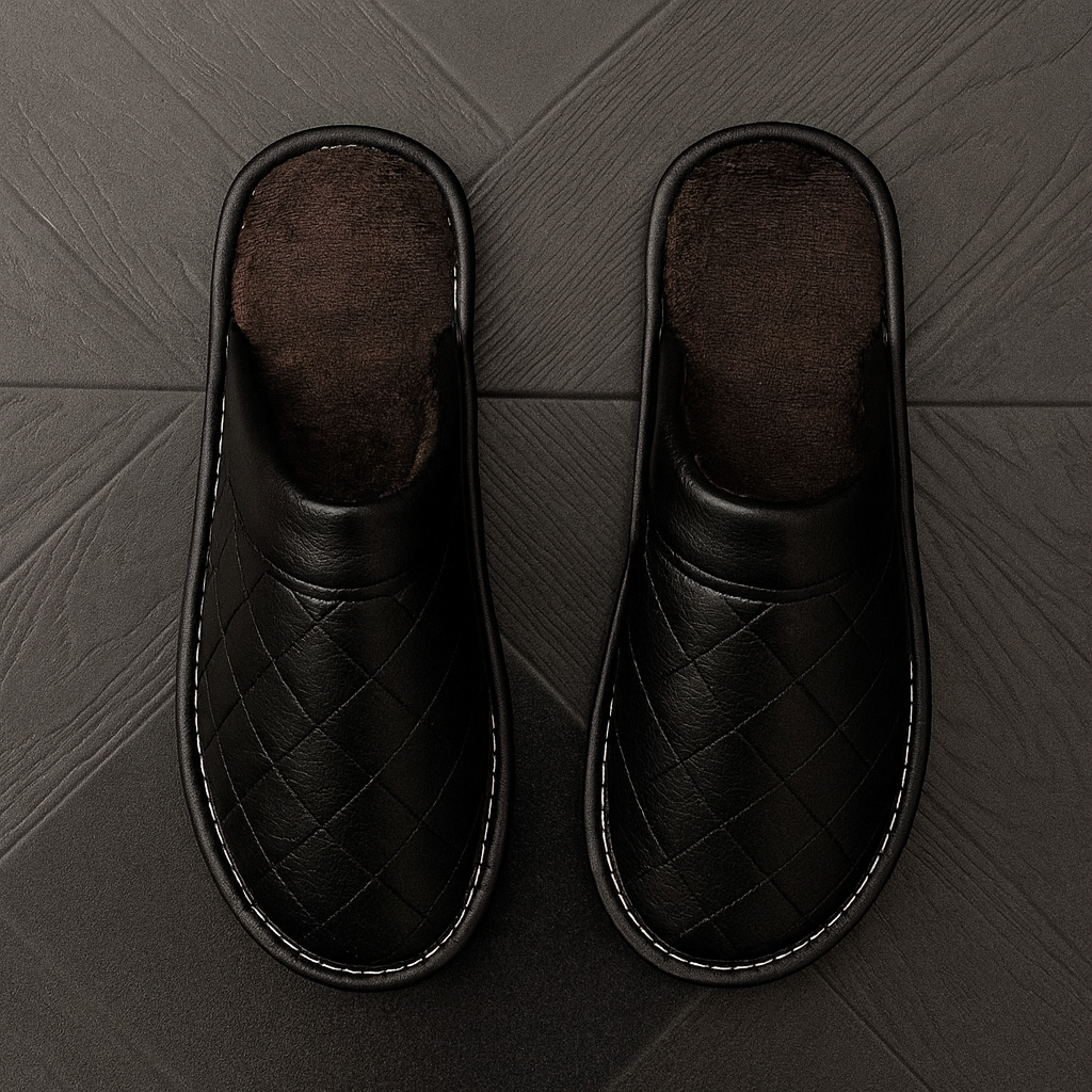Men's black quilted indoor house slippers with soft dark lining and padded collar