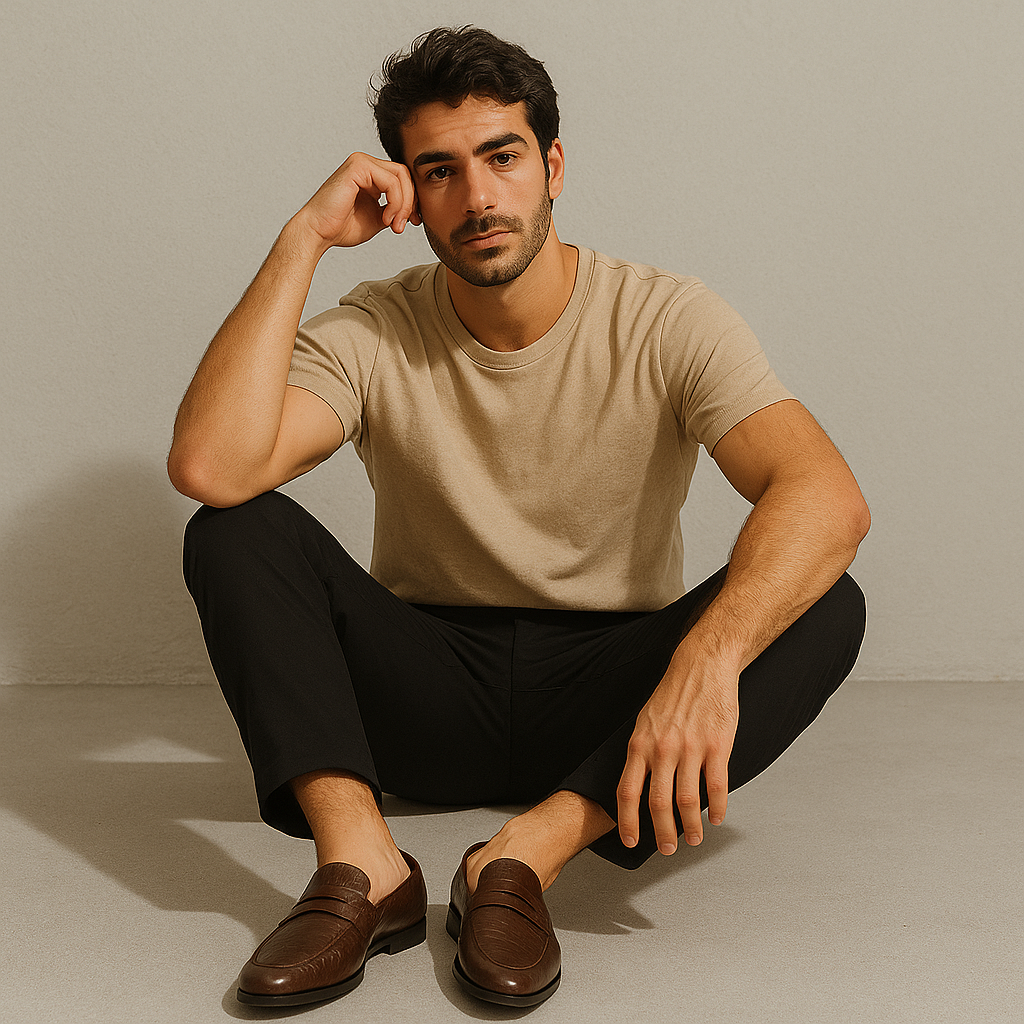 Men's brown leather slip-on loafers on a seated model, strap with textured upper.