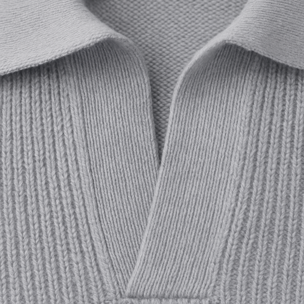 Gray knitted open-collar polo sweater close-up of placket and textured fabric