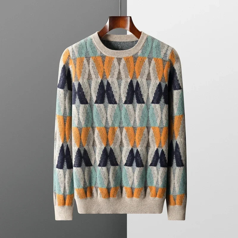 Geometric Pattern Merino Wool Crewneck Sweater for Men | Casual and Office Wear