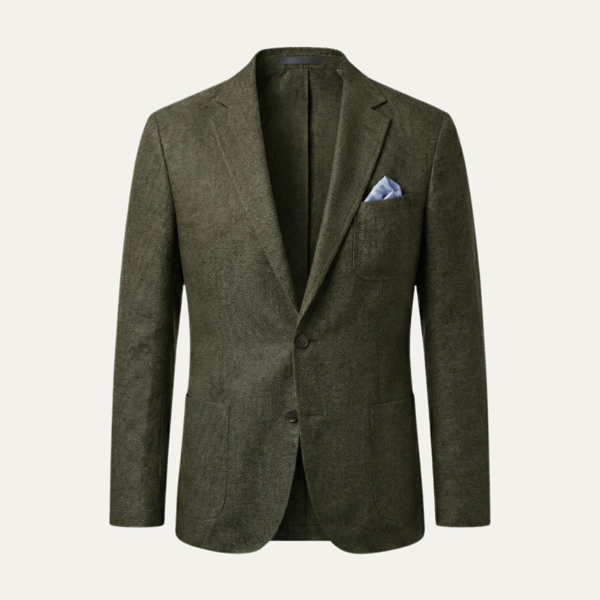 Men's lightweight slim-fit blazer in green, notched lapels and button front.