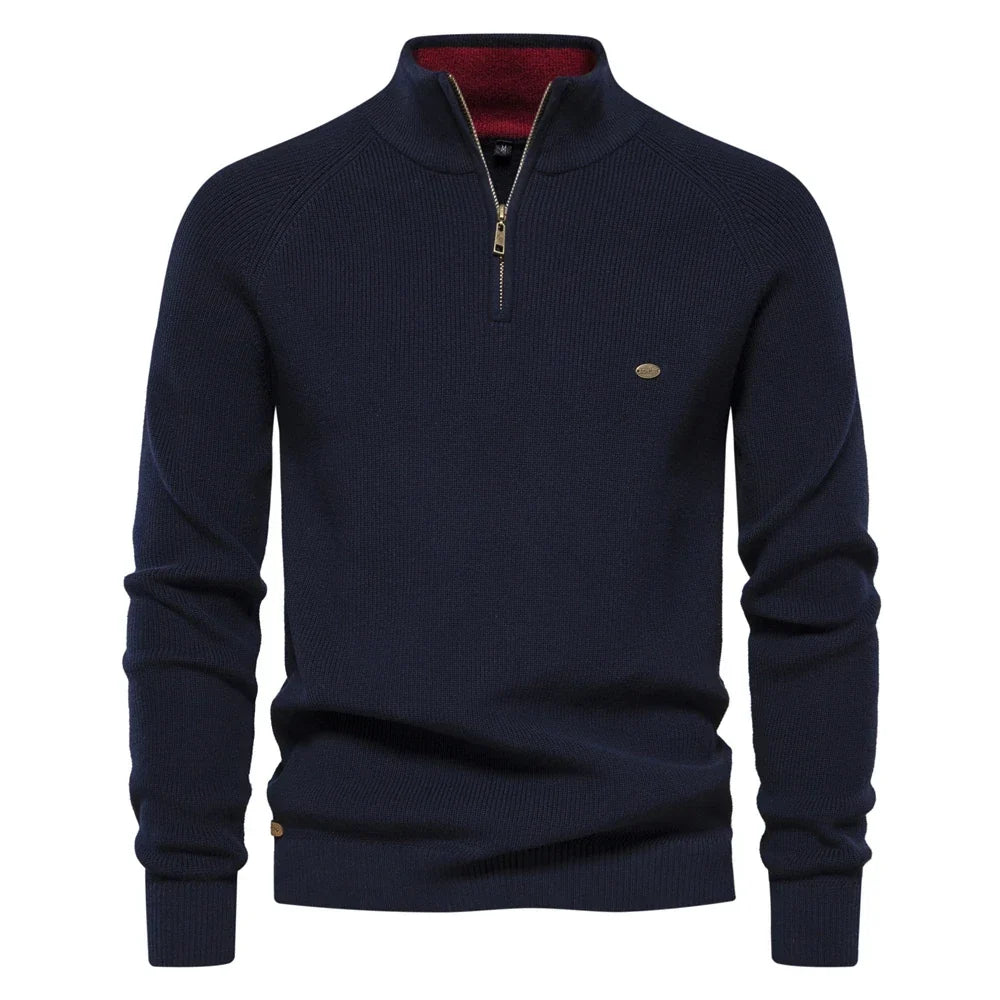 Cotton Zip Up High Collar Knit Cardigan for Men | Autumn Layering