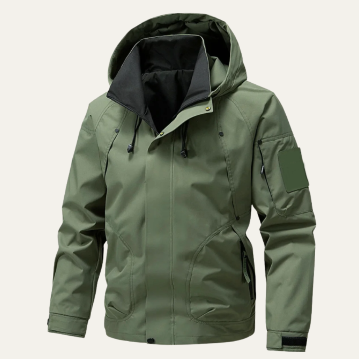 Army green waterproof rain jacket with hood, zip front, drawstring hem, sleeve pockets
