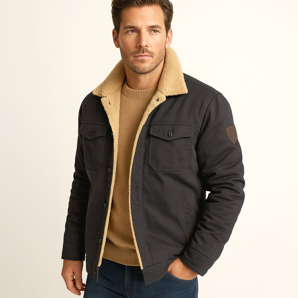 Men's winter coat in black with tan sherpa lining and long sleeves