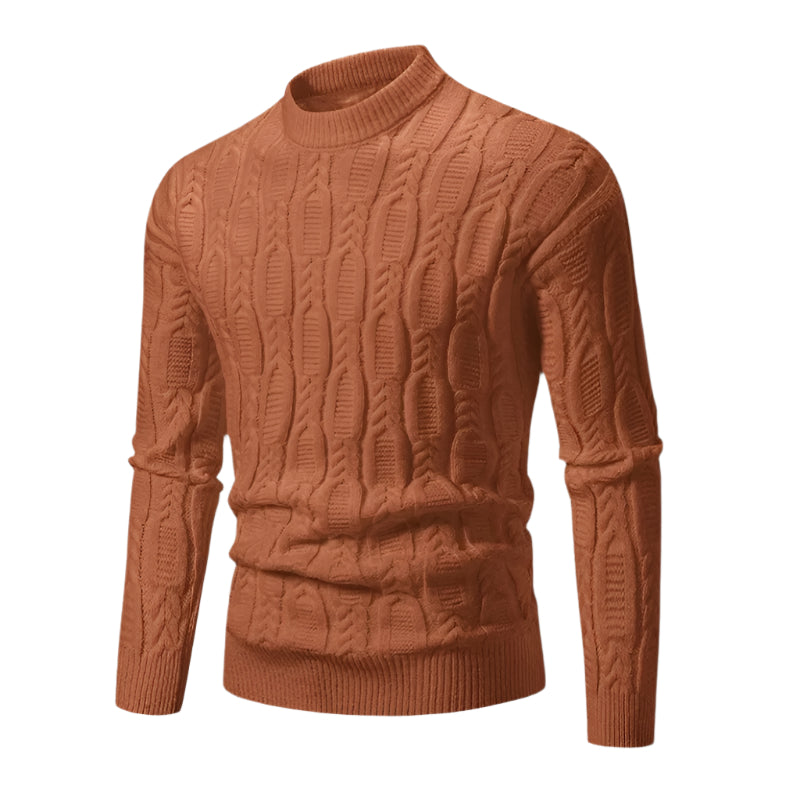 Men's premium cable knit sweater, terracotta, crew neck, long sleeves, ribbed hem and cuffs