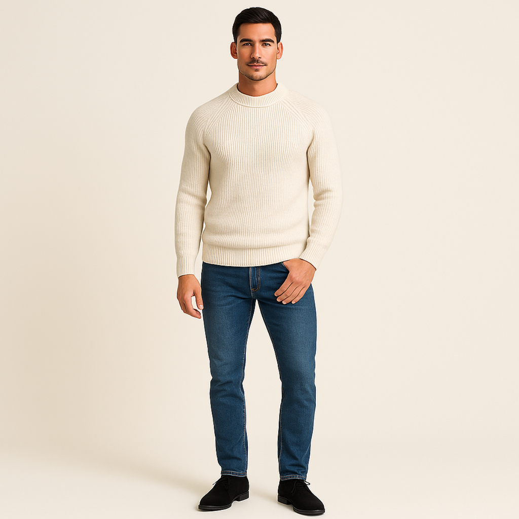 Men's 100% cashmere crewneck sweater in light khaki, ribbed cuffs and hem