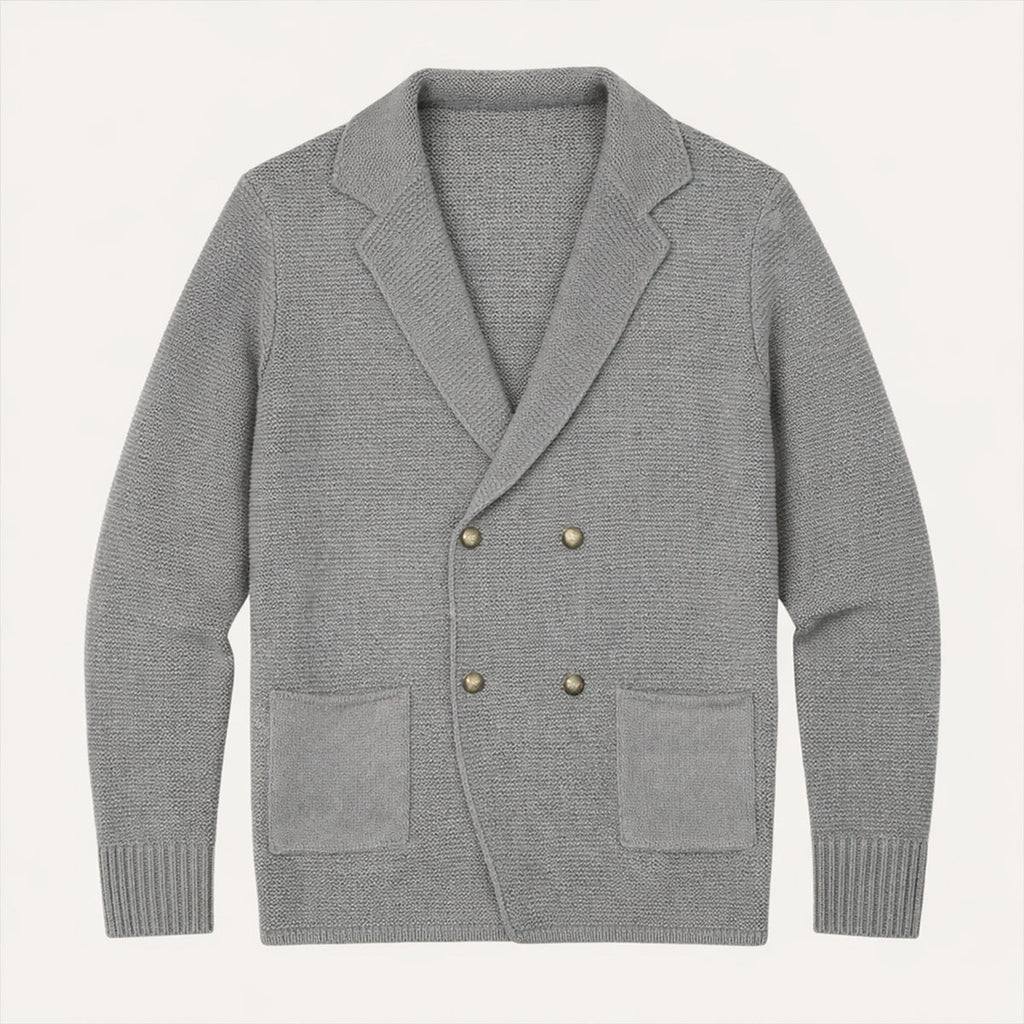 Men's gray knit double-breasted cardigan with gold buttons and chest patch pockets