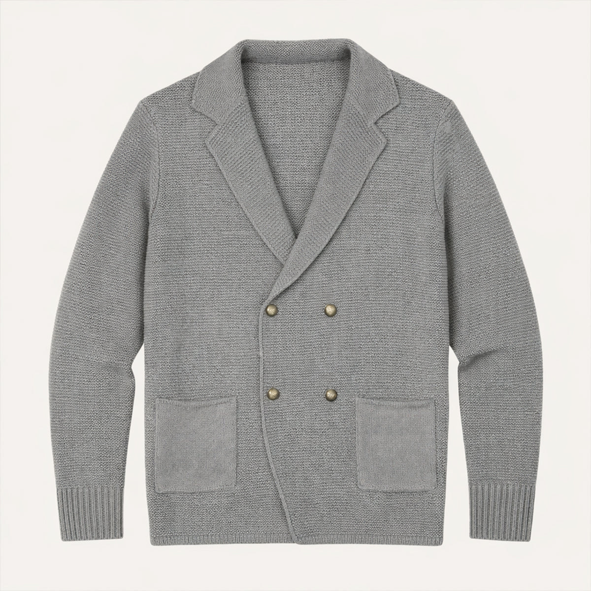 Men's gray knit double-breasted cardigan with gold buttons and chest patch pockets