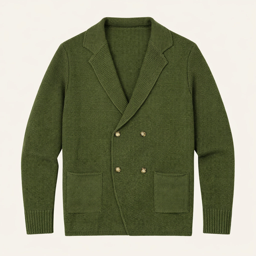 Men's army green double-breasted knit cardigan with gold buttons and two front patch pockets