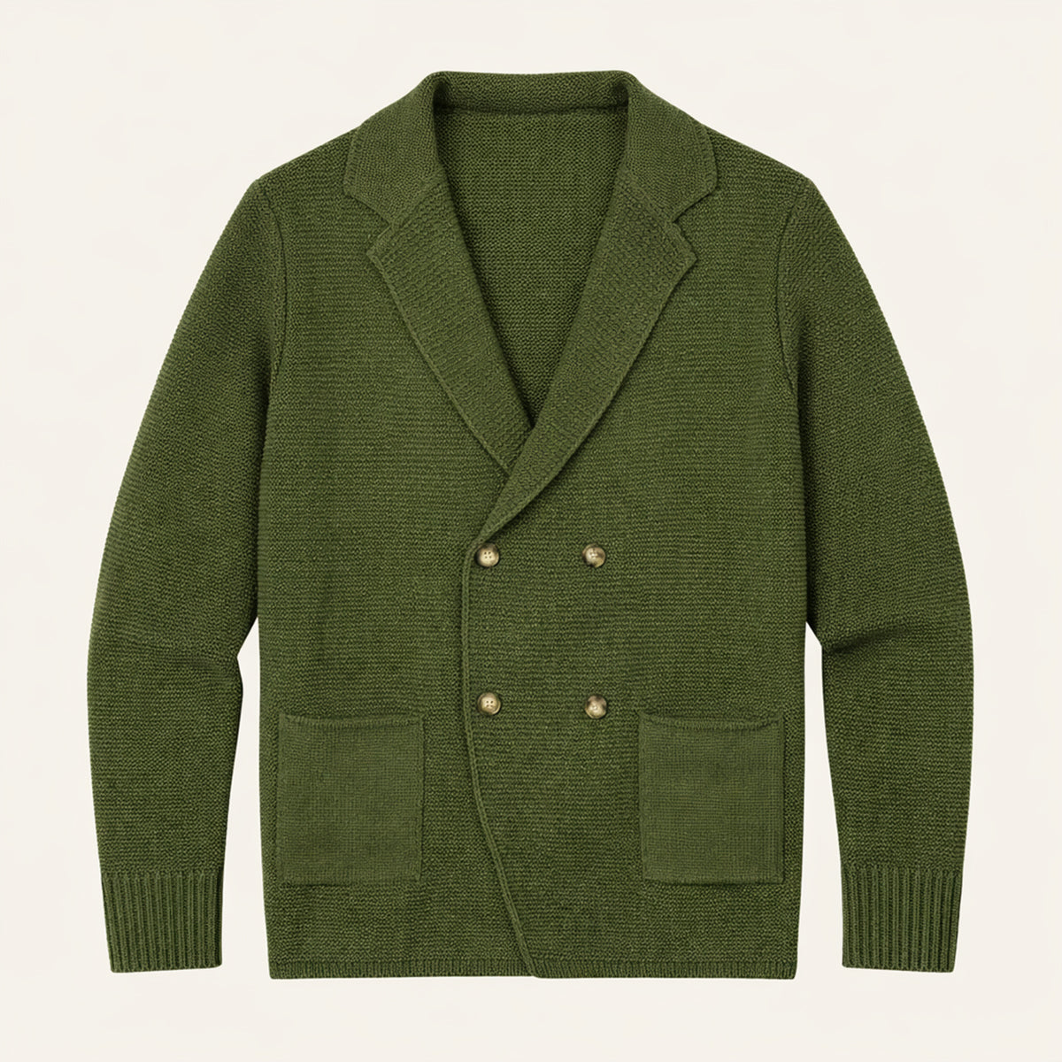 Men's army green double-breasted knit cardigan with gold buttons and two front patch pockets
