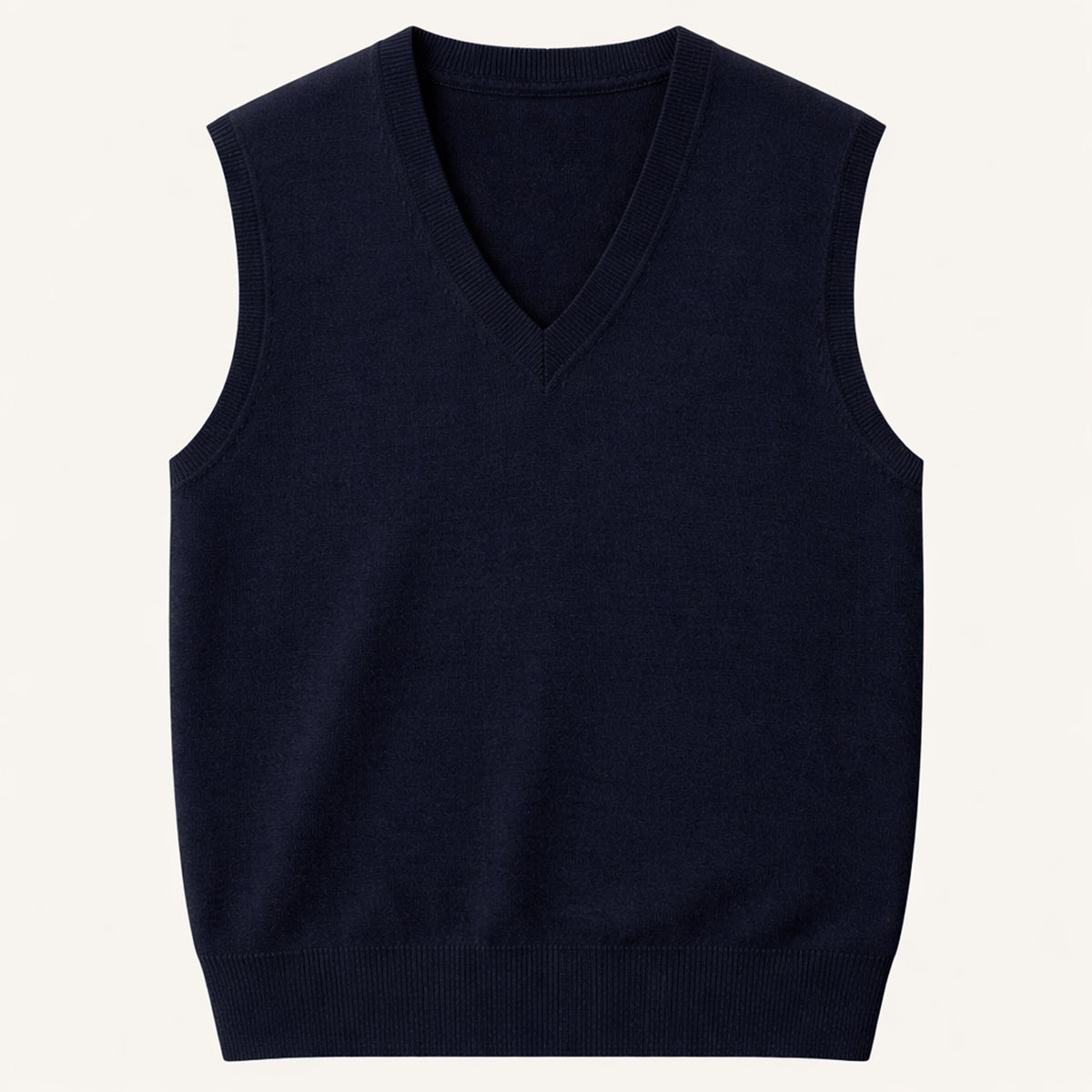 Men's V-neck sleeveless knit sweater vest, navy with ribbed neckline